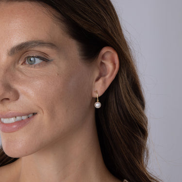Akoya Pearl Shepherds Crook Drop Earrings in 18ct Yellow Gold by Maya Sienna