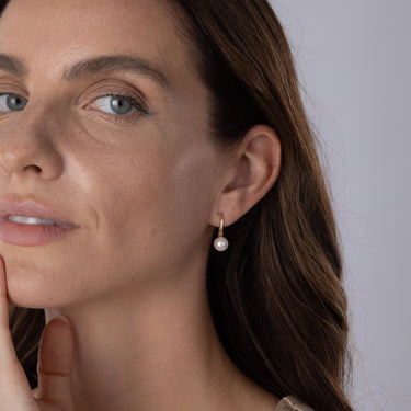 Akoya Pearl Shepherds Crook Drop Earrings in 18ct Yellow Gold by Maya Sienna