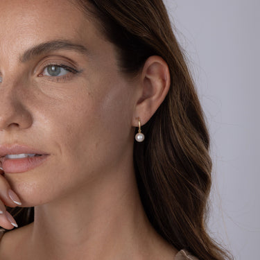 Akoya Pearl Shepherds Crook Drop Earrings in 18ct Yellow Gold by Maya Sienna