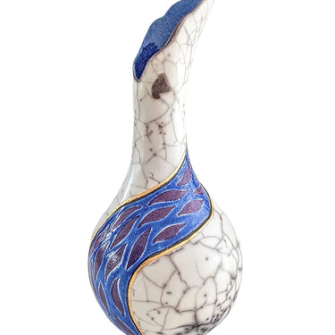 One-of-a-Kind Fluted Raku Vase by Catherine Lucktaylor – Dark Blue Band with 24ct Gold Leaf