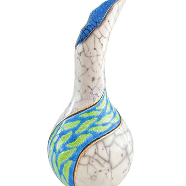 One-of-a-Kind Fluted Raku Vase by Catherine Lucktaylor – Light Blue Band with 24ct Gold Leaf