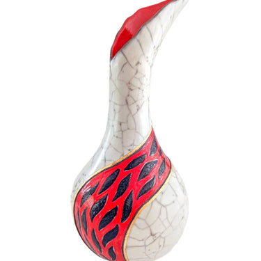 One-of-a-Kind Fluted Raku Vase by Catherine Lucktaylor – Red Band with 24ct Gold Leaf