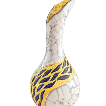 One-of-a-Kind Fluted Raku Vase by Catherine Lucktaylor – Yellow Band with 24ct Gold Leaf