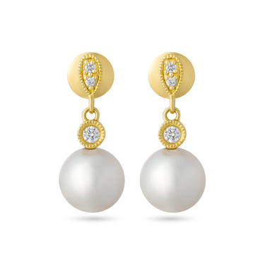 18K Gold Cultured River Pearl & x 3 Diamond Drop Earrings