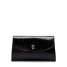 Black crocodile-patterned clutch bag with a gold clasp on a white background