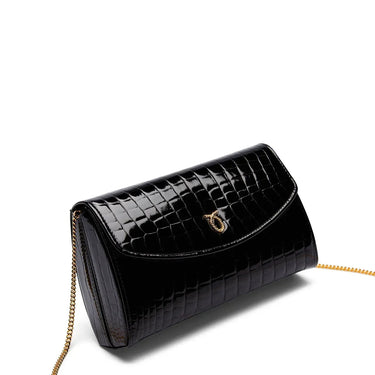 Black crocodile-patterned handbag with a gold chain on a white background