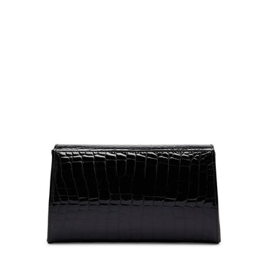 Black crocodile-patterned clutch bag on a white background