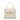 Beige handbag with a gold emblem on a white background