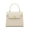 Beige handbag with a gold emblem on a white background