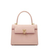 Pink handbag with gold accents on a white background