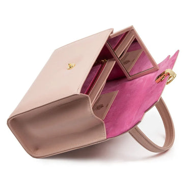 Pink handbag with a gold handle on a white background