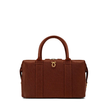 Brown leather duffel bag with a gold clasp on a white background