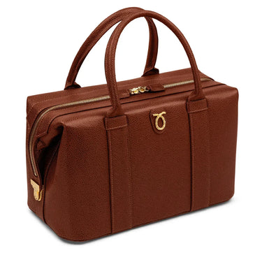 Brown leather handbag with gold accents on a white background