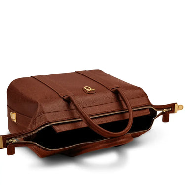 Brown leather briefcase with gold accents on a white background