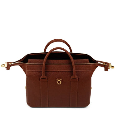 Brown leather handbag with gold accents on a white background