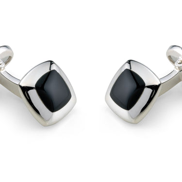 Deakin & Francis Sterling Silver Cushion Cufflinks with Hand Cut Onyx Inlay