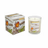 Candle with festive, decorative box featuring robin illustration on a white background. perfect for Christmas. 