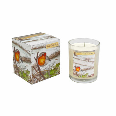 Candle with festive, decorative box featuring robin illustration on a white background. perfect for Christmas. 