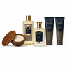 Floris men's grooming products including a wooden bowl, two bottles, and two tubes on a white background.