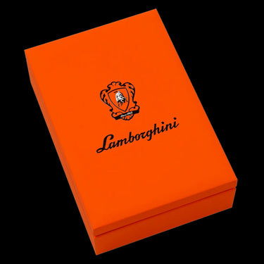 Orange Lamborghini box with logo on a black background