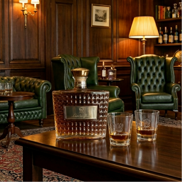 Luxurious interior with green leather furniture, a bottle of Lamborghini brandy, and glasses on a wooden table. 