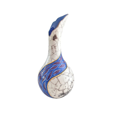 One-of-a-Kind Fluted Raku Vase by Catherine Lucktaylor – Dark Blue Band with 24ct Gold Leaf
