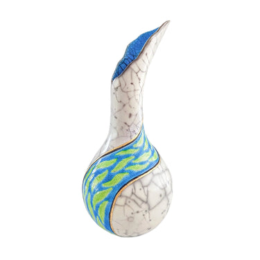 One-of-a-Kind Fluted Raku Vase by Catherine Lucktaylor – Light Blue Band with 24ct Gold Leaf