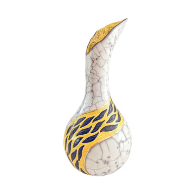 One-of-a-Kind Fluted Raku Vase by Catherine Lucktaylor – Yellow Band with 24ct Gold Leaf