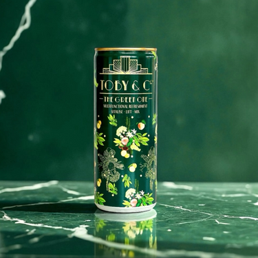 Green can with floral design and 'Toby & Co' branding on a green marble surface.